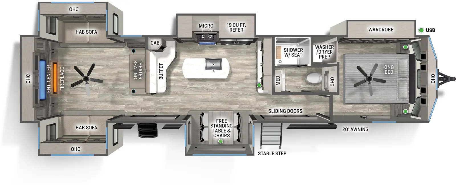 The 403RD features five slide outs and two entry doors. Exterior features a 20 foot awning and stable step main entry. Interior layout front to back: front king bed with overhead cabinet, paddle fan, off-door side wardrobe slideout and closet with washer dryer prep; off-door side full bathroom with overhead cabinet and medicine cabinet; patio door entry; off-door side slideout with refrigerator, microwave and cooktop; kitchen island with sink; door side slideout with free-standing table and chairs; buffet and overhead cabinets along inner wall; second entry; rear living room with theater seating along inner wall, opposing hide-a-bed sofa slideouts with overhead cabinets, paddle fan, and rear entertainment center with fireplace and cabinets on either side.